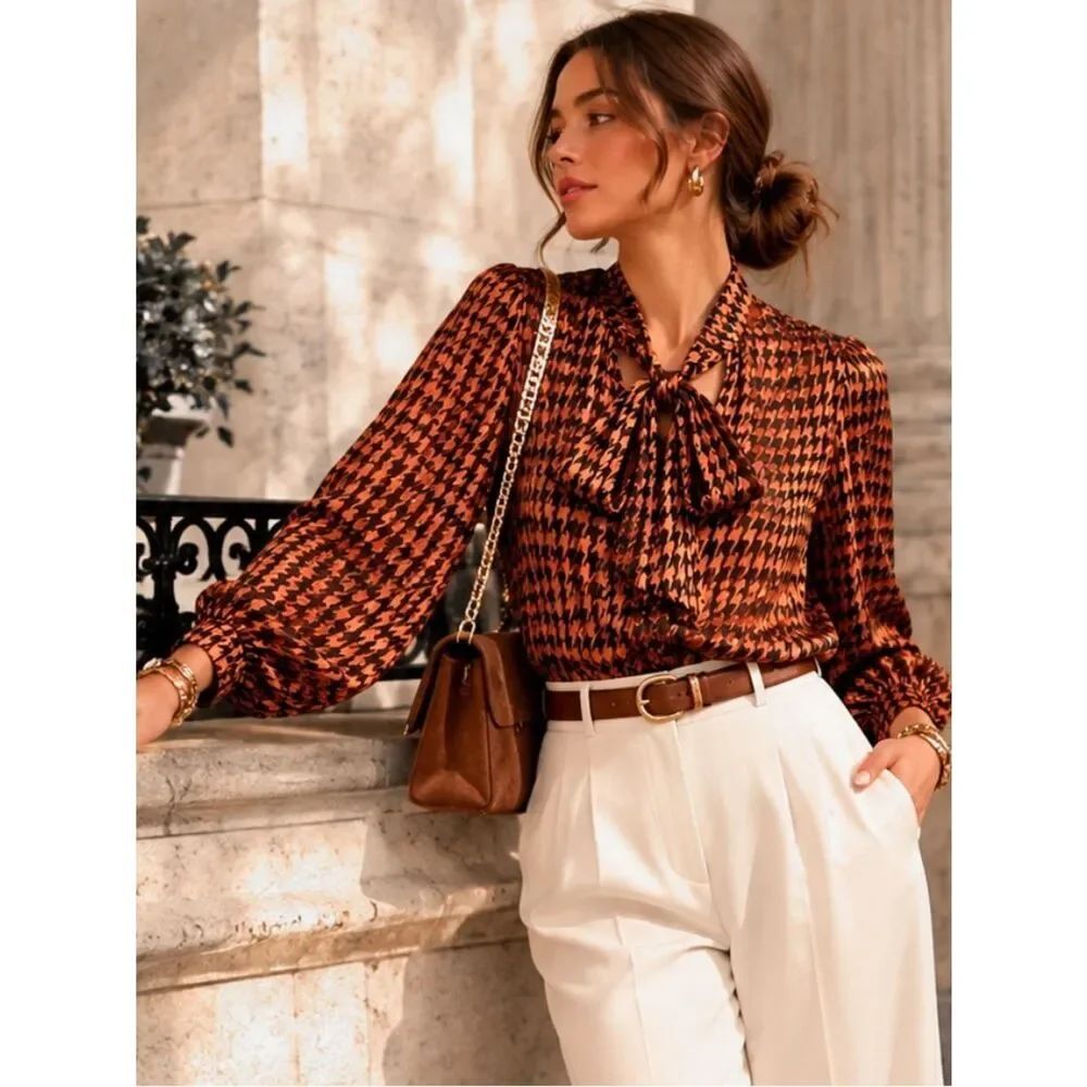 Alice + Olivia Lolita Houndstooth Devoré Tie Neck Silk Blend Blouse Size Small